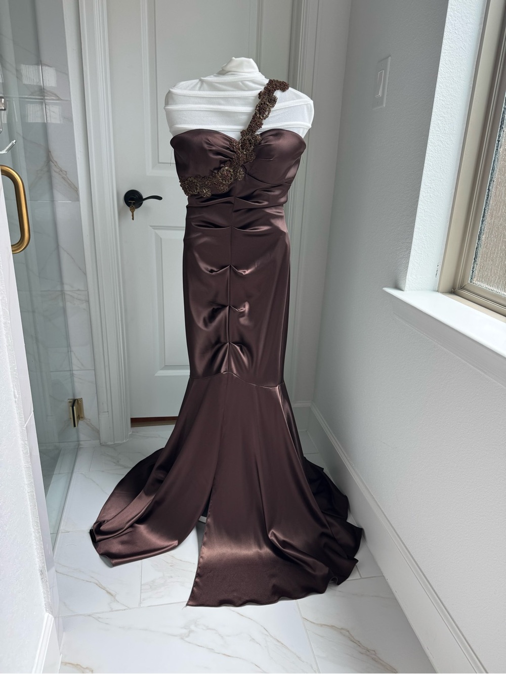 Xscape One-Shoulder Chocolate Brown Satin Gown